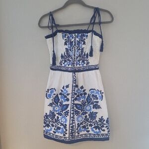 Francesca's Collections White and Blue Embroidered Tie‑Strap Mini Dress